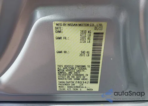 2013 Nissan Altima 2.5 S из США, поврежденный, VIN 1N4AL3AP7DC280342